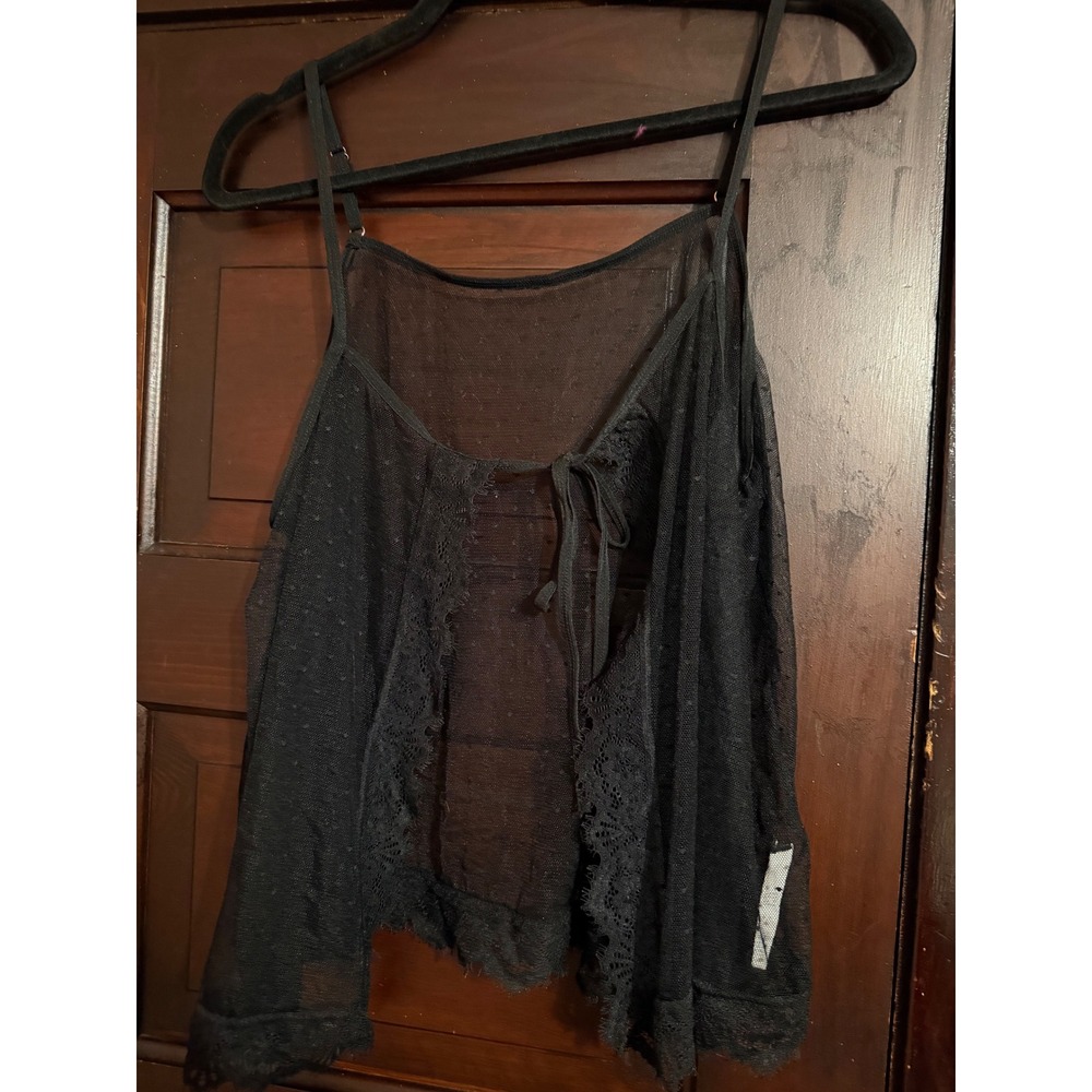 Black Sheer Swiss Dot Lace Trim Open Front Tie Camisole Top XXL N5G232